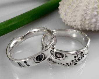 His and hers wedding rings set, silver wedding bands set, set alliances, engagement ring, nature ocean inspired wedding ring, simple bands