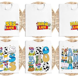 six white t-shirts with various cartoon-style text and designs, including characters and phrases related to the Toy Story franchise.