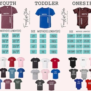 three separate sections, each with a different color and size of t-shirts, as well as a separate section with a variety of baby onesies. The sections are labeled "Youth", "TODDLER", and "ONESIE" to indicate the different age groups. The t-shirts are displayed in various colors and styles, and the onesies are arranged in rows, showcasing different sizes and designs.