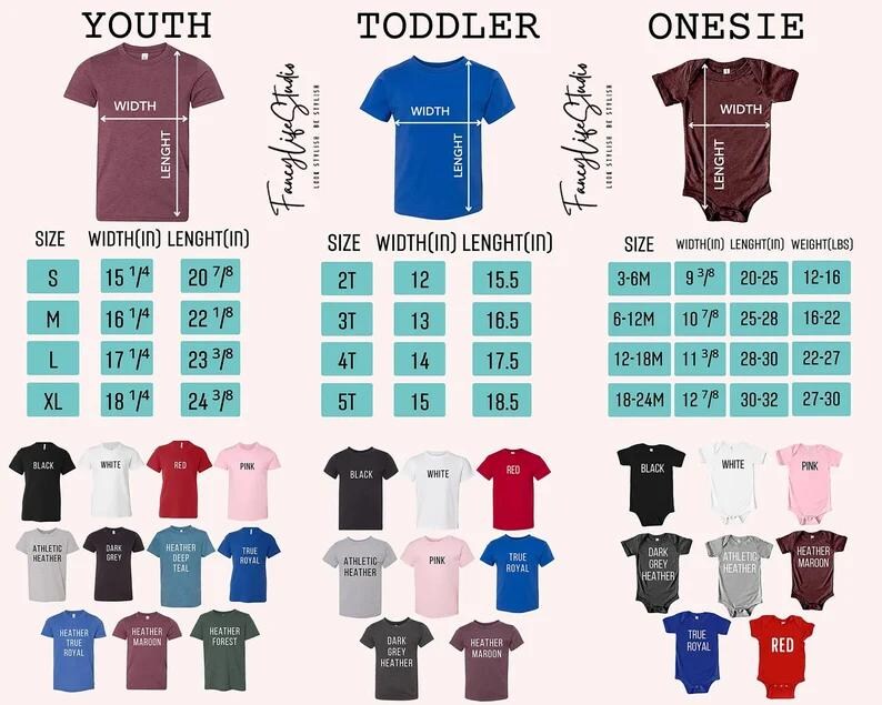 three separate sections, each with a different color and size of t-shirts, as well as a separate section with a variety of baby onesies. The sections are labeled "Youth", "TODDLER", and "ONESIE" to indicate the different age groups. The t-shirts are displayed in various colors and styles, and the onesies are arranged in rows, showcasing different sizes and designs.