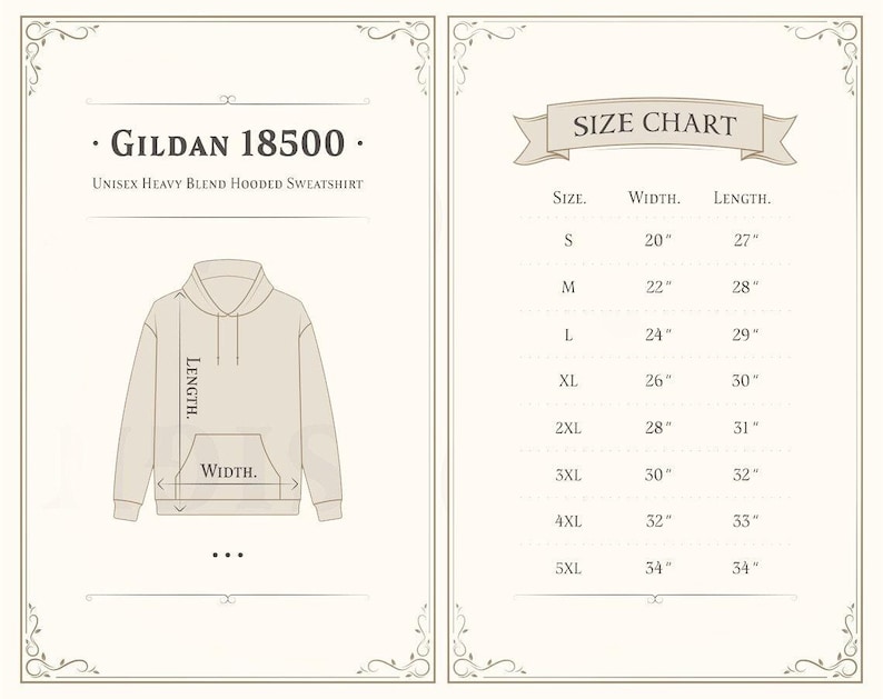 The image is a size chart for a GILDA 18500 unisex heavy blend hooded sweatshirt. The chart provides measurements for different sizes, including S, M, L, XL, XXL, and 5XL, along with their corresponding widths and lengths.