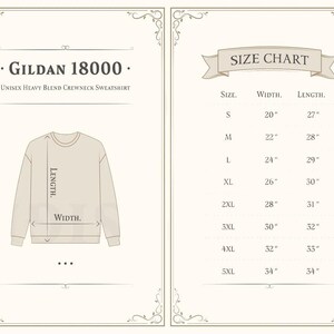 The image is a size chart for a GILDA 1800 crew neck sweater. It provides measurements for different sizes, including S, M, L, XL, 2XL, and 5XL, along with their corresponding widths and lengths.