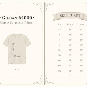 The image is a size chart for a GILDA 64000 unisex softstyle t-shirt. The chart provides measurements for different sizes, including XS, S, M, L, XL, and XXL, along with their corresponding widths in inches.