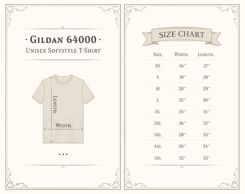 The image is a size chart for a GILDA 64000 unisex softstyle t-shirt. The chart provides measurements for different sizes, including XS, S, M, L, XL, and XXL, along with their corresponding widths in inches.