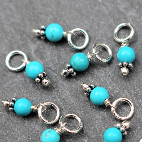 TWO Tiny Turquoise Charms, Turquoise Dangles, Sterling Silver, Genuine Turquoise, Bracelet Charm, Add to Hoop Earrings, Necklace Charm, 925
