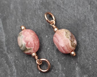 Rose Gold Rhodochrosite Dangle, Rhodochrosite Charm, Pink Stone, Wire Wrapped, Earring Components, Bracelet Charm, Charm, Dangle