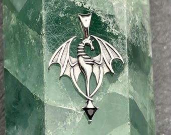 Dragon Pendant with Black Stone Tail, Sterling Silver