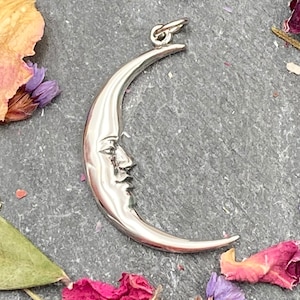 Moon Pendant, Sterling Silver, Man in the Moon, Celestial Pendant, Crescent Moon, Smiling, Moon Pendant, Moon Face, Silver Moon, 925