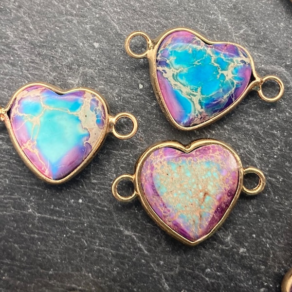 One Small Sea Sediment Jasper Connector, Brass, Purple and Blue, Gold Toned, Impression Jasper, Heart, Jasper, Blue Heart, Purple Heart