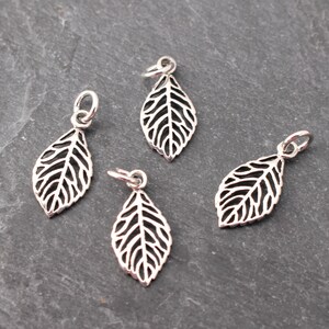 Op de afbeelding: Vier zilverkleurige bladbedels met gedetailleerde aderen. Elke bedel heeft een kleine lus om aan een ketting of armband te bevestigen. De bedels liggen op een donkergrijze ondergrond.