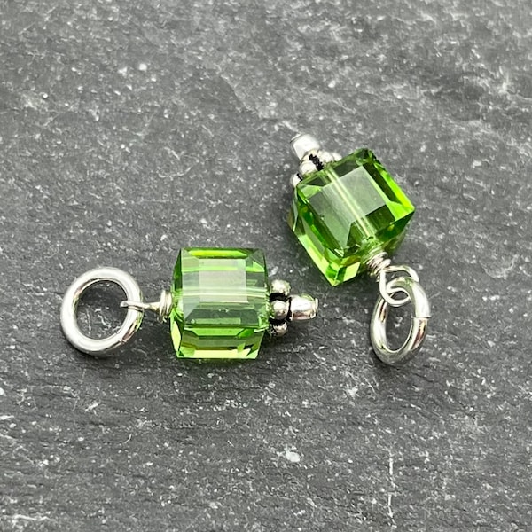 One Peridot Green Swarovski Crystal Cube Dangle, Crystal Charm, Sterling Silver, August Birthstone, Swarovski Dangle, Charm