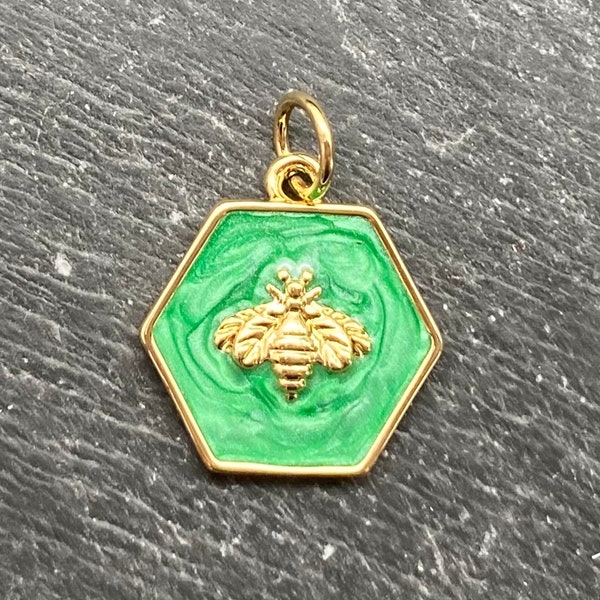 Small Green Enamel Bee Pendant, Gold Plated Brass, Honey Bee, Bee Pendant, Bee Charm, Green and Gold, Gold