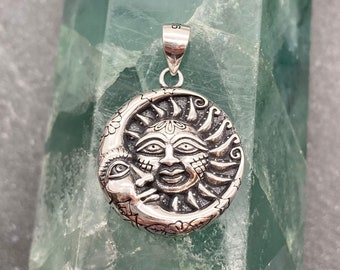 Sun and Moon Face Pendant: Sterling Silver
