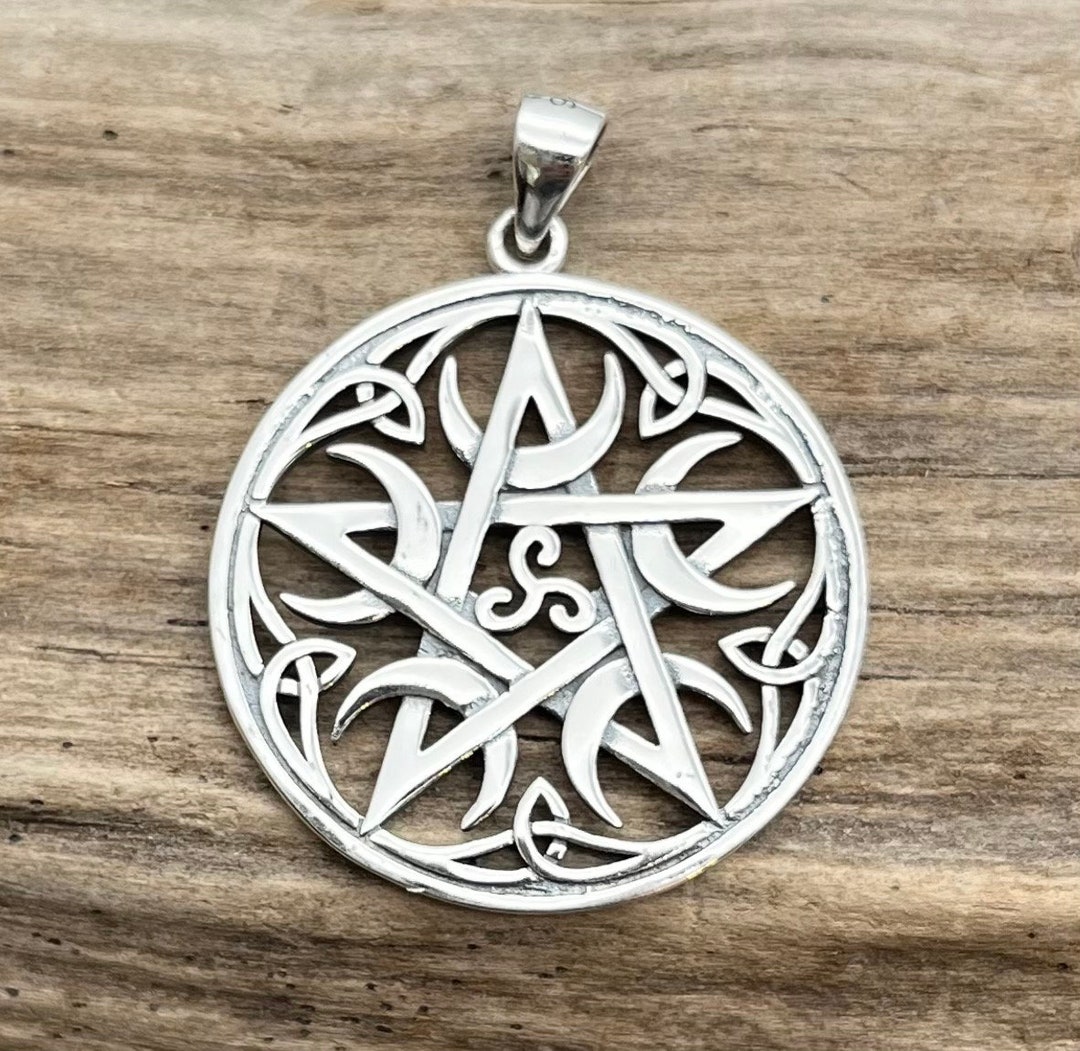 Sterling Silver Celtic Knot Crescent Moon Pentagram Pendant - Etsy