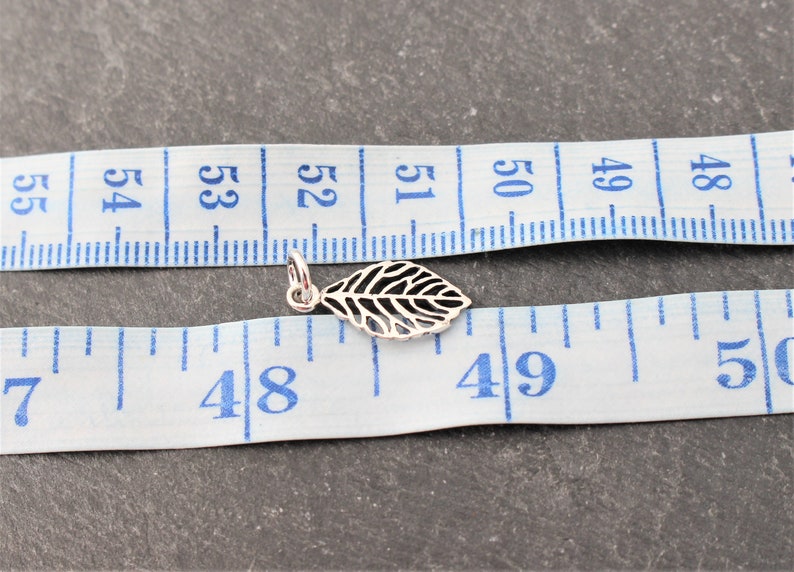 Op de afbeelding: Een kleine, zilveren blad-hanger met gedetailleerde uitgesneden patronen. De hanger is geplaatst in de buurt van een meetlint voor schaal. Het ontwerp van de hanger is een bladvorm, met delicate aderdetails. Ongeveer 1,5 cm lang.