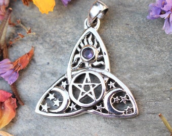 Sterling Silver Celtic Triquetra Pentagram Pendant with Amethyst
