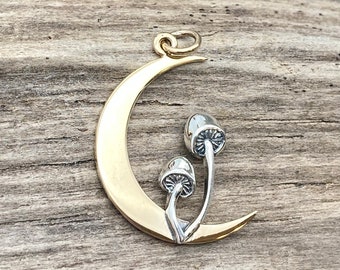 Crescent Moon Pendant with Mushrooms: Sterling Silver and Bronze