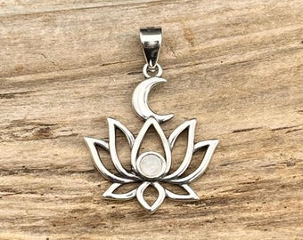 Sterling Silver Lotus and Moon Pendant with Moonstone