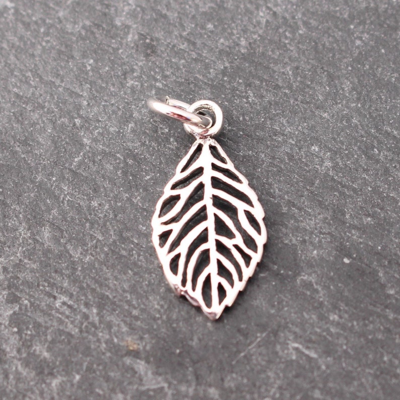 Op de afbeelding: Een zilverkleurige bladbedel met een gedetailleerd, opengewerkt ontwerp. De bedel is bevestigd aan een kleine ring, klaar om aan een ketting of armband te worden toegevoegd. De bladvorm is een klassiek, door de natuur ge&iuml;nspireerd element.