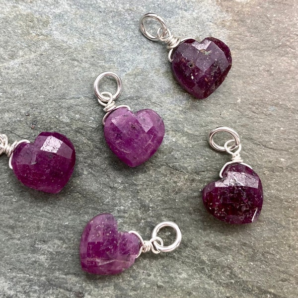 One Mozambique Ruby Heart Gemstone Charm, Ruby Dangles, Earring Components, Sterling Silver, Wire Wrapped, Natural, Genuine Ruby, Heart