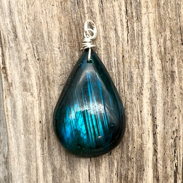 Flashy Blue Green Labradorite Pendant, Sterling Silver, Wire Wrapped, Blue Flash, Blue Labradorite, Flashy Labradorite, Labradorite Teardrop