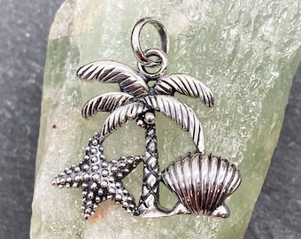 Palm Tree Beach Pendant, Sterling Silver, Starfish, Shell, Coconut, Palm Tree, Beach, Ocean, Pendant, Charm, Tropical, Silver, 925