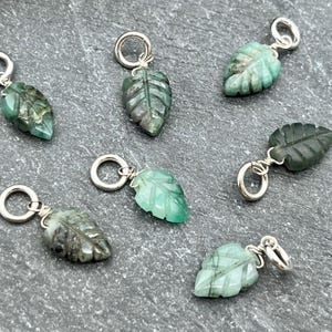 One Tiny Emerald Leaf Charm: Sterling Silver, May Birthstone, Natural Stone