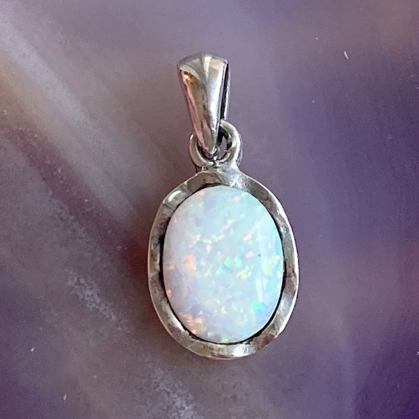 White Opal Pendant, Sterling Silver, Lab Opal, Gemstone Pendant, White Stone, Opal Pendant, White Opal, Opal, Synthetic Opal
