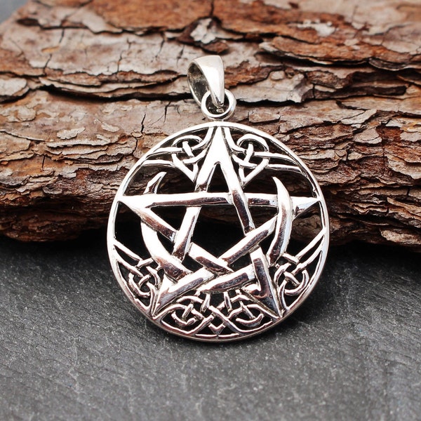 Celtic Crescent Moon Pentagram Pendant, Sterling Silver, Pentagram Pendant, Silver Pentagram, Moon, Pentagram, Star, Celtic Knot, Pendant