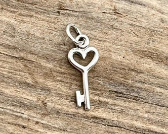 925 Sterling Silver Tiny Heart Key Charm - Etsy
