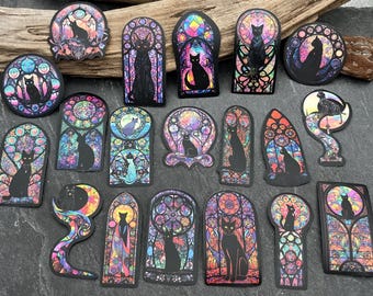 Gothic Black Cat Stickers: Stained Glass Style, Water Resistant