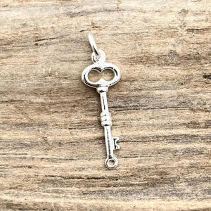 May include: A small, silver-colored key pendant with a loop at the top for a chain. The key has a decorative, heart-shaped design on the head and a detailed stem. The pendant is displayed on a wooden surface.