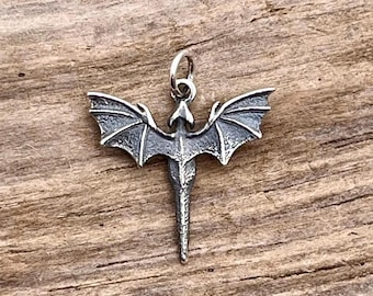 Sterling Silver Winged Dragon Charm Pendant, Fantasy