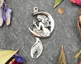 Sterling Silver Mermaid Moon Pendant, Starfish Charm