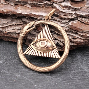 Ouroboros Pendant with All Seeing Eye, Bronze, Ouroboros Pendant, All Seeing Eye Pendant, Pyramid Pendant, Snake Pendant, Gold Tone, Eye