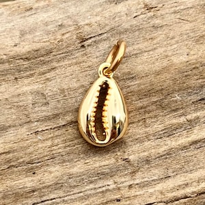 May include: A gold-colored cowrie shell pendant with a small loop for a chain. The pendant has a smooth, polished surface and a detailed interior. The pendant is approximately 0.75 inches long.
