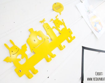 Nursery Wall Hooks, Yellow Coat Rack, Kids Hanger, Monsters,  Baby shower gift, Scandinavian kids