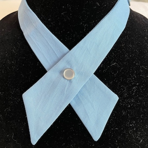 May include: A light blue fabric collar with a white button in the center. The collar is crossed and tied at the front.