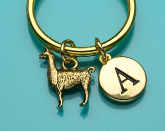 Llama Keychain, Llama Gold Key Ring, Animal Charm, Initial Keychain, Personalized Keychain, Custom Keychain, Charm Keychain, 707