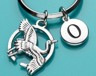 Crane Keychain, Art Nouveau Key Ring, Bird Charm, Initial Keychain, Personalized Keychain, Custom Keychain, Charm Keychain, 434
