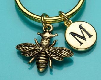 Queen Bee Keychain, Gold Queen Bee Key Ring, Bumble Bee Charm, Initial Keychain, Personalized Keychain, Gift Under 25,  Charm Keychain, 478