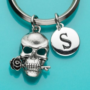 Skull and Rose Keychain, Skull and Rose Key Ring, Initial Keychain, Personalized Keychain, Custom Keychain, Charm Keychain, 328