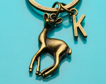 Deer Keychain, Bronze Sika Deer Key Ring, Animal Charm, Initial Keychain, Personalized Keychain, Custom Keychain, Charm Keychain, 534