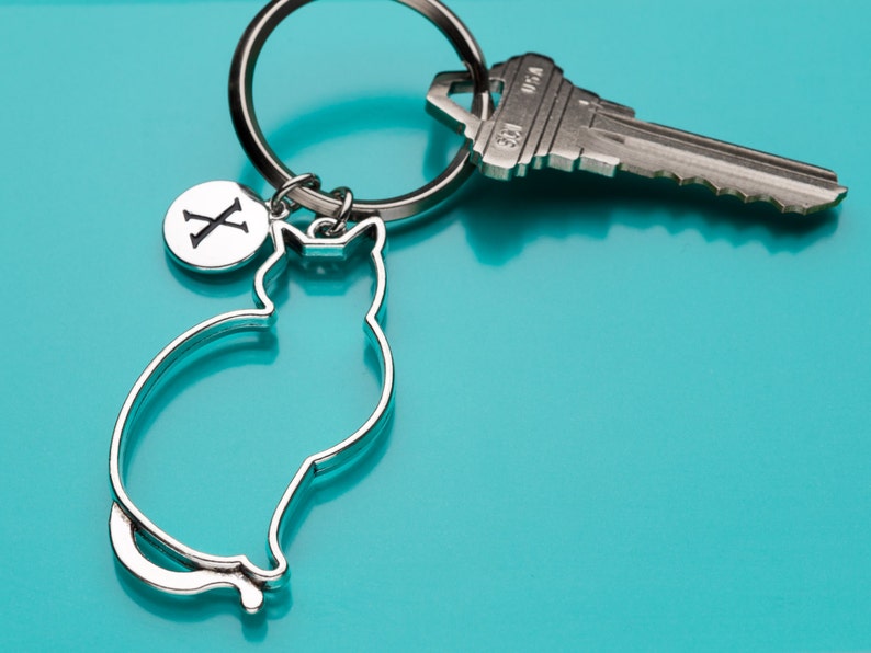 193 Initial Keychain Personalized Keychain Custom Keychain Cat Outline Key Ring Cat Charm Animal Charm Cat Outline Keychain