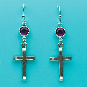 Cross Earrings, Amethyst Crystal Earrings, Religious Earrings, Dangle Earrings, Romantic Gift, Gifts for Her, 416