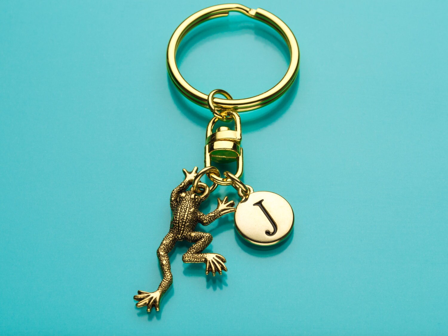Frog Keychain Gold Frog Key Ring Initial Keychain Animal Etsy