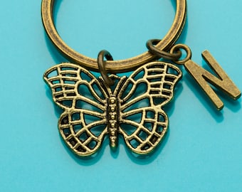 Butterfly Keychain, Bronze Butterfly Key Ring, Modern Butterfly Charm, Initial Keychain, Personalized Keychain, Custom Keychain, 557