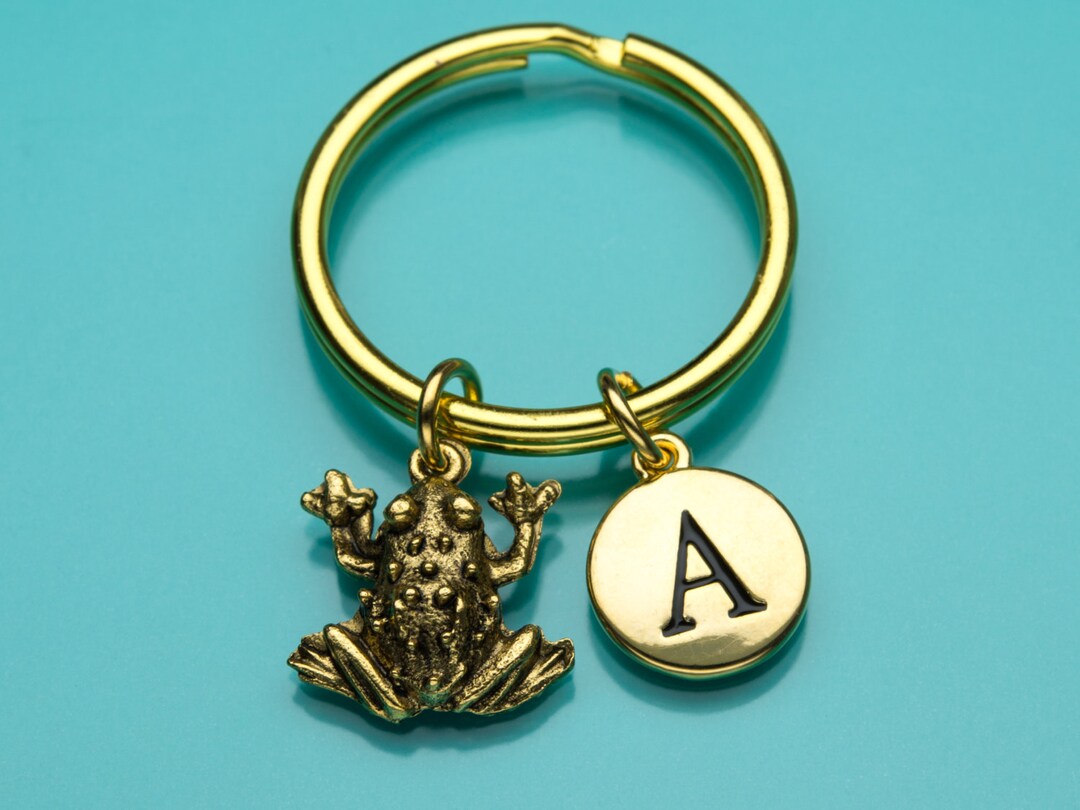 Frog Keychain Gold Frog Key Ring Animal Charm Initial Etsy