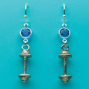 Barbell Earrings, Sapphire Barbell Earrings, Bar Bell, Sapphire Crystal Earrings, Exercise Equipment, Dangle Earrings, Gifts for Her, 27