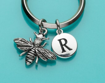 Queen Bee Keychain, Bee Key Ring, Bumble Bee Keyring, Initial Keychain, Personalized Keychain, Gift Under 25, Charm Keychain, 298